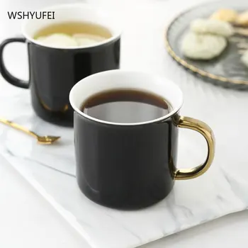 Keramikinis puodelis su šaukšteliu kūrybos aukso rankena juoda asmenybės pora vyrų ir moterų pieno puodelis namų vandens puodelį teacup taurė