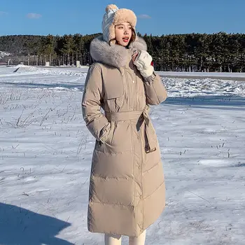 Žiemos Realus Fizinis Kailiniai Su Gobtuvu Ilga Striukė Moterims Baltųjų Ančių Pūkų Paltai Moterų Diržas Parkers Vėjo Šiltas Sniegas Outwear