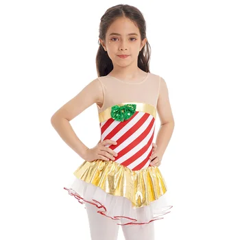 Vaikų Mergaičių Kalėdų Baleto Šokių Vakarėliuose Jumpsuit Akių Jungas Dryžuotas Metalo Kratinys Blizgančiais Lankas One Piece Suknelė Kostiumai