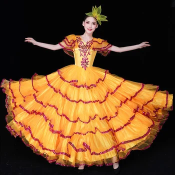 Naujas Elegantiškas, Modernaus Šokio Konkurencijos Suknelė Flamenko Šokių Big Swing Geltona Suknelė Moterims Moterų Veiklos Ilgas Sijonas VO1055