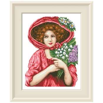 Mergina ir gėlės kryželiu rinkinys moteris raudona suknelė 18ct 14ct 11ct balto audinio medvilnės siūlai siuvinėjimui 