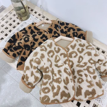 Merginos Kūdikio Vaikai Kailio Striukė Outwear 2021 Leopard Tirštėti Šiltas Žiemą, Rudenį, Lauko Viršuje Medvilnės, Vilnos vaikiški Drabužiai