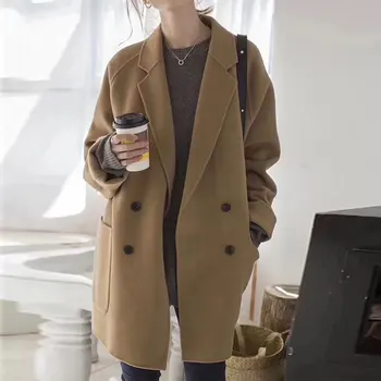 naujas mados moterų drabužių Rudens midi ilgis prarasti striukė, paltas moteriška rudos korėjos bouble apykaklės ilgas kailis kišenėje japonija biuras