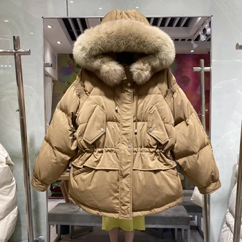 90% Baltųjų Ančių Pūkų Paltai Žiemos Puffer Jacket 2021 Didelis Nekilnojamojo Fox Fur Moterų Atsitiktinis Storas Šiltas Parkas Gobtuvu Sniego Outwear