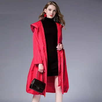 Pavasarį, Rudenį nauji didelio dydžio, ilgomis rankovėmis nėrinių Gobtuvu tranšėjos paltai Didelio dydžio mot. atkreipti string laisvas nėrinių Elegantiškas paltas raudonas juodas