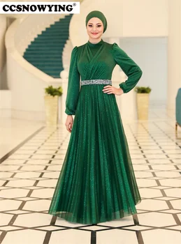 Žalia China Musulmonų Vakarinių Suknelių Pilną Rankovėmis Aukštu Kaklu Hijab Islamo Moterų Oficialią Šalies Suknelė Arabų Dubajus Chalatas De Soiree