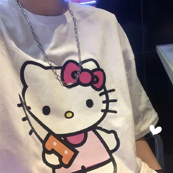 100% medvilnės Hello Kitty trumparankoviai marškinėliai moterims vasaros KT korėjos versija Japonų puloveris animacinių filmų top trumparankoviai