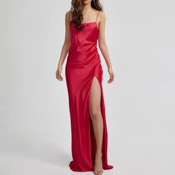 Dirželiai Kvadratinių Kaklo Backless Vakare Gown Ilgai Nėrinių Plisuotos Ritininės Raudona Undinėlės Kokteilis Suknelė Elegantiškas Moterų Vasaros, Nauja