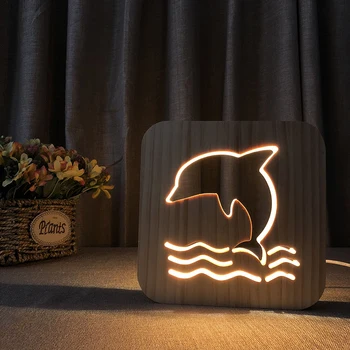 Animacinių filmų medienos LED delfinų Lempos dizainas 3D Iliuzija Luminaria naktį šviesos USB lempa kūrybingi gimtadienio dovanos namų Naktiniai apdaila