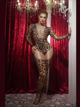 Ilgomis Rankovėmis Leopard Spindinčiais Cirkonio Seksualus Jumpsuits Moterims naktiniame klube DJ Drabužių Polių Prom Nešioja Etape Karnavaliniai Kostiumai