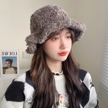 Korėjos Derliaus Kibirą, Skrybėlės Moterims Mažumų Dizaino Banga Kraštų Žvejys Skrybėlę Rudens ir Žiemos Universalus Pliušinis Debesis Baseino Kepurės