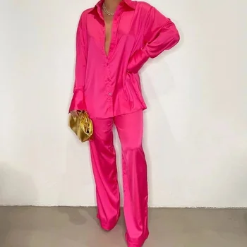 Elegantiškas Satino Sleepwear Moterų Pižama Kostiumas ilgomis Rankovėmis Tiesios Kelnės Dviejų dalių Komplektas Prarasti Streetwear 2022 Šilko Feamle Apranga