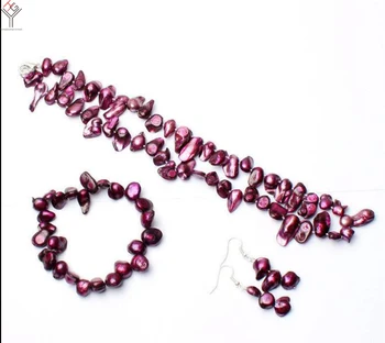 Moterų Papuošalai nustatyti 8-15mm Ryškios tamsiai violetinė baroko pailgos perlų karoliai, apyrankės kablys Auskarai natūralių gėlavandenių perlų
