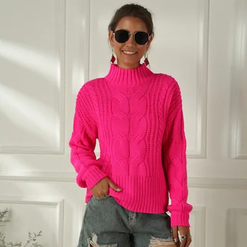 2021 Neon Megztiniai Megzti Fuchsia Pink Kietas Pusė Golfo Megztinis Moterims, Ilgai Atsitiktinis Palaidų Mezgimo Megztinių Moterų Džemperiai