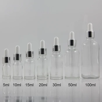 100vnt didmeninė 20 ml apvalūs skaidraus stiklo buteliukas su lašintuvu sidabro žiedas ir baltos gumos