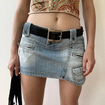 Moterų Vasarą Mini Sijonai Kišenės Slim Fit Clubwear vientisos Spalvos Moteriški Seksualus Liesas Mados Ins Retro Stiliaus Džinsinis Sijonas Faldas