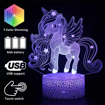 3D iliuzija Vienaragis Stalo Lempa Touch LED Nakties Šviesos Namo Kambaryje Vaivorykštė Arklių Lampen Dekoras Apšvietimas Kūrybos Lemputė Dovanų MY1171