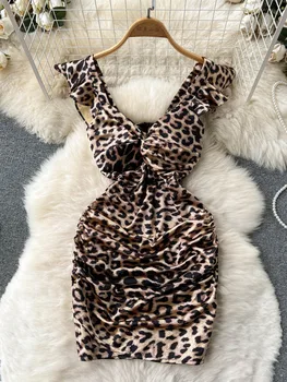 Seksualus Leopardas Spausdinti Mini Šalis Suknelė Moterų Mados Vasaros Twist V-neck Slim Aukšto Juosmens Raukšlės Bodycon Klubas Satino Suknelė Vestido