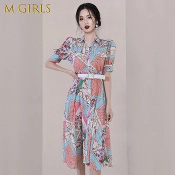 2021 M. Vasarą Naujų Moterų Derliaus Spausdinimo Suknelė Mados Korėjos Stiliaus Plonas Darbo Partijos Suknelės Paprasta Vienas Krūtinėmis Marškinėliai Vestidos