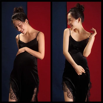 MOMLUVBB Moterų Fotografijos Rekvizitai Sexy Juoda Motinystės Suknelės Elegantiškas Nėštumo Nėrinių Padalinta Suknelė Studija Photoshoot Drabužiai