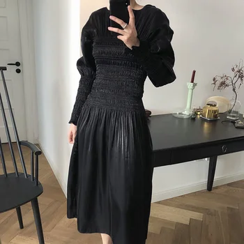 Elegantiškas Stiliaus Rūmai Šilkiniai Satino Suknelės 2023 Naujas Elastinga Juosmens Raukšlės Dizainas Šalies Moterų Klubas Midi Suknelė