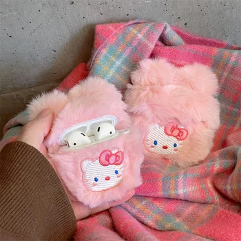 Sanrio Hello Kitty Rožinis Pliušinis 3D Lėlės Ausines Atveju 