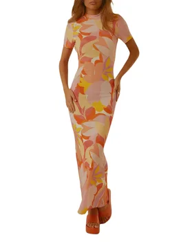Moterų Trumpomis Rankovėmis Slim Fit Suknelė Elegantiškas Spausdinti Crewneck Vasaros Šalis Bodycon Suknelė, Paplūdimio Atostogų Streetwear