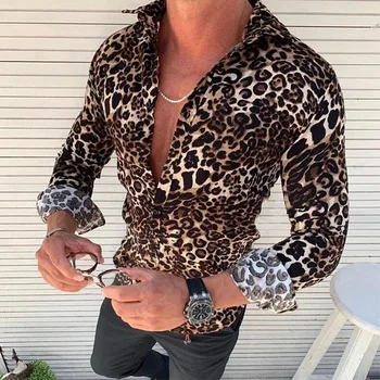 Karšto Parduoti 2019 Vyrų Medvilnės Skalbiniai ilgomis Rankovėmis Turn-žemyn Apykaklės Mados Leopard Rudenį Marškinėliai Vyrų Atsitiktinis Palaidų Minkštas Marškinėliai Plius Dydis