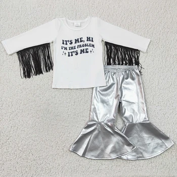 Baby Girl Apranga Odos Bell Kelnes Bamblys Kutas Ilgomis Rankovėmis Problema Marškinėliai Tee Nustatyti Didmeninės Vaikų Pavasarį, Rudenį Drabužiai