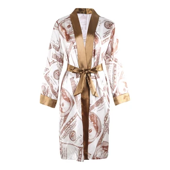 Moterų Satino Chalatas, Madinga Dolerio Spausdinimo ilgomis Rankovėmis Šilkinis Chalatas Kimono Sleepwear Su Diržo 2021 Naujas Mados