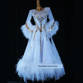 Naują Standarto Sportinių Šokių Suknelė Moterų, Mergaičių Konkurencijos Kostiumas Lycra Valsas Etape Užsakymą Balta Plunksna