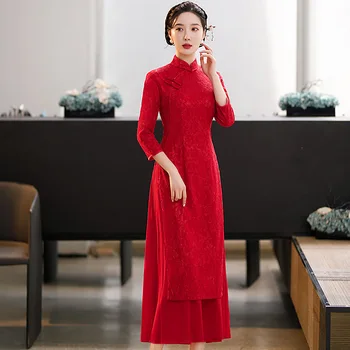 Rudenį ir Žiemą Naujas Moterų Raudona Pagerinti Kinų naujieji Metai Suknelė Cheongsam Vestuvių vakarinę Suknelę Qipao Stovėti Apykaklės Nėriniai