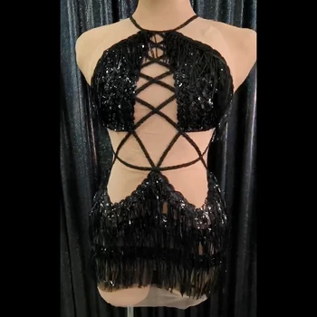 Seksualus Akių Matyti Per Blizgančios Juodos China Pakraščiuose Suknelė Moterims Mini Suknelė Vestidos Kostiumas Vykdymo Etapą Dėvėti