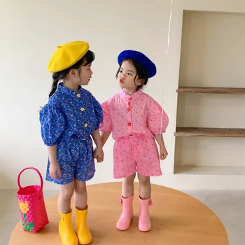 Korėjos Mergina Vasaros Kostiumas Rinkiniai Baby Girl Drabužiai 2022 Sluoksniuotos Rankovėmis Marškinėliai Kūdikiams, Vaikams, Mergina su Šortai Dviejų dalių Rinkiniai