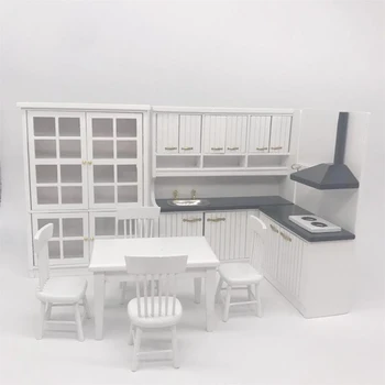 1:12 Miniatiūriniai Lėlių Baldai, Mediniai Virtuvės Spintelės, Valgomasis Stalas Lėlių Kėdė Rinkiniai Amatų 